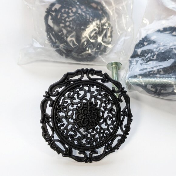 Lot of 4 Ornate Filigree Metal Cabinet Knobs Black drawer pulls round Japan NOS - Picture 1 of 6